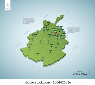 Stylized map of Afghanistan. Isometric 3D green map with cities, borders, capital Kabul, regions. Vector illustration. Editable layers clearly labeled. English language.
