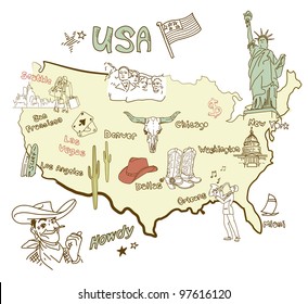 Stylized map of America. Things that different Regions in USA are famous for.