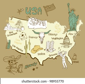 Stylized map of America. Things that different Regions in USA are famous for. svg