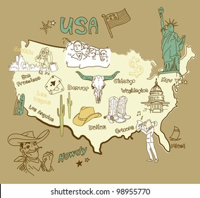 Stylized map of America. Things that different Regions in USA are famous for.