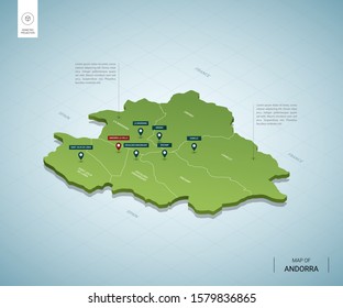 Stylized map of Andorra. Isometric 3D green map with cities, borders, capital, regions. Vector illustration. Editable layers clearly labeled. English language.