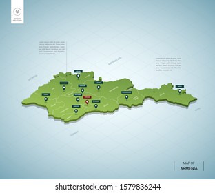 Stylized map of Armenia. Isometric 3D green map with cities, borders, capital Yerevan, regions. Vector illustration. Editable layers clearly labeled. English language.
