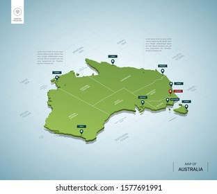 Stylized map of Australia. Isometric 3D green map with cities, borders, capital Canberra, regions. Vector illustration. Editable layers clearly labeled. English language.