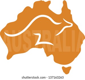 A stylized map of Australia with a kangaroo running across it - the word Australia is written on the map
