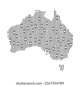 Stylized map of Australia made with an electronic circuit board, representing technology, innovation, and digitalization.