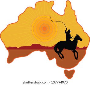A stylized map of Australia with a silhouette of a rancher or cowboy sitting on a horse with a whip in his hand