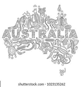 Stylized map of Australia. Sketches in the style of Australian aborigines