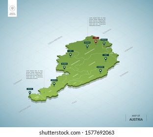 Stylized map of Austria. Isometric 3D green map with cities, borders, capital Vienna, regions. Vector illustration. Editable layers clearly labeled. English language.