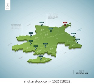 Stylized map of Azerbaijan. Isometric 3D green map with cities, borders, capital Baku, regions, shadow.; Vector illustration. Editable layers clearly labeled.  svg