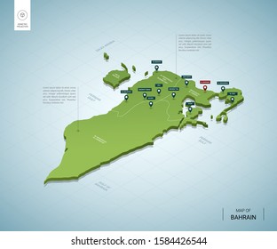 Stylized map of Bahrain. Isometric 3D green map with cities, borders, capital Manama, regions. Vector illustration. Editable layers clearly labeled. English language.

