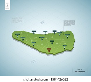 Stylized map of Barbados. Isometric 3D green map with cities, borders, capital Bridgetown, regions. Vector illustration. Editable layers clearly labeled. English language.