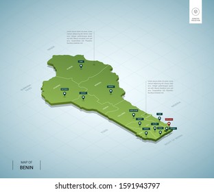 Stylized map of Benin. Isometric 3D green map with cities, borders, capital Porto Novo, regions. Vector illustration. Editable layers clearly labeled. English language.