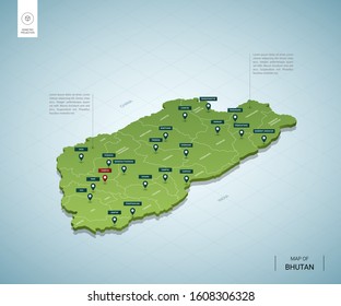 Stylized map of Bhutan. Isometric 3D green map with cities, borders, capital Thimphu, regions. Vector illustration. Editable layers clearly labeled. English language.