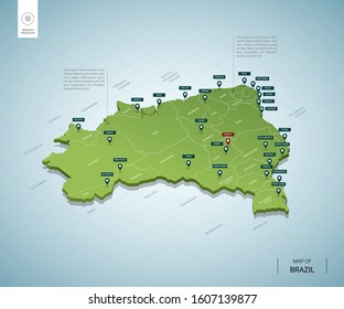 Stylized map of  Brazil. Isometric 3D green map with cities, borders, capital, regions. Vector illustration. Editable layers clearly labeled. English language.