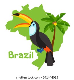 Stylized map of Brazil with toucan and palm tree.