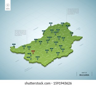 Stylized map of Bulgaria. Isometric 3D green map with cities, borders, capital Sofia, regions. Vector illustration. Editable layers clearly labeled. English language.
