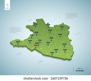 Stylized map of Burundi. Isometric 3D green map with cities, borders, capital Bujumbura, regions. Vector illustration. Editable layers clearly labeled. English language.
