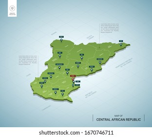 Mapa estilizado de la República Centroafricana. Mapa verde isométrico en 3D con ciudades, fronteras, capital Bangui, regiones. Ilustración vectorial. Las capas editables están claramente etiquetadas. Inglés.
