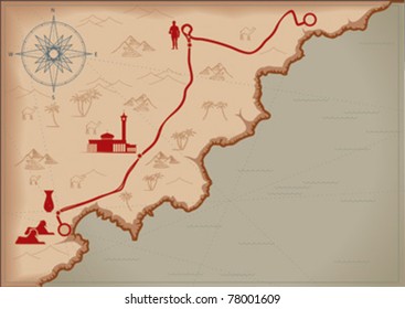 a stylized map of coastal area with an abstract route