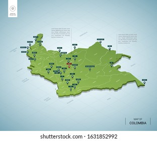 Stylized map of Colombia. Isometric 3D green map with cities, borders, capital Bogota, regions. Vector illustration. Editable layers clearly labeled. English language.
