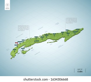 Stylized map of Cuba. Isometric 3D green map with cities, borders, capital Havana, regions. Vector illustration. Editable layers clearly labeled. English language.