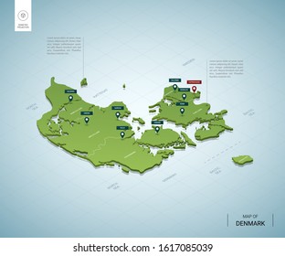 Stylized map of Denmark. Isometric 3D green map with cities, borders, capital Copenhagen, regions. Vector illustration. Editable layers clearly labeled. English language.