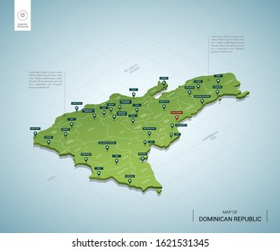 Stylized map of Dominican Republic. Isometric 3D green map with cities, borders, capital, regions. Vector illustration. Editable layers clearly labeled. English language.