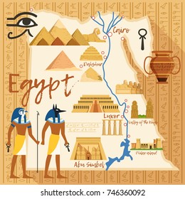 Stylized Map of Egypt with different cultural objects and landmarks. Egypt map travel with ancient landmark sphinx and pyramid. Vector illustration