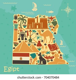 A stylized map of Egypt traditional architectural and cultural symbols