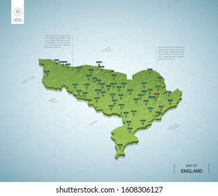 Stylized map of England. Isometric 3D green map with cities, borders, capital London, regions. Vector illustration. Editable layers clearly labeled. English language.
