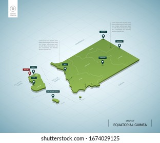 Mapa estilizado de Guinea Ecuatorial. Mapa verde isométrico en 3D con ciudades, fronteras, la capital Malabo, regiones. Ilustración vectorial. Las capas editables están claramente etiquetadas. Inglés.