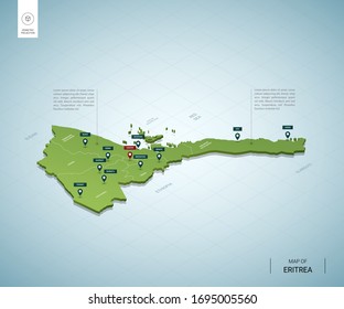 Stilvolle Karte von Eritrea. Isometrische 3D-grüne Karte mit Städten, Grenzen, Hauptstadt Asmara, Regionen. Vektorillustration. Bearbeitbare Schichten sind deutlich gekennzeichnet. Englisch.
