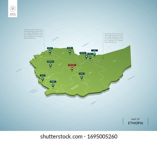 Stylized map of Ethiopia. Isometric 3D green map with cities, borders, capital Addis Ababa, regions. Vector illustration. Editable layers clearly labeled. English language.