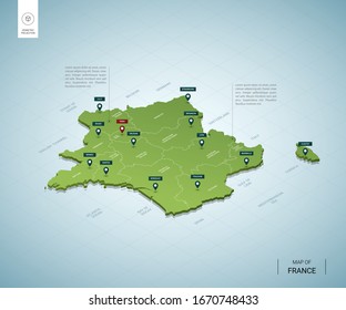 Stylized map of France. Isometric 3D green map with cities, borders, capital Paris, regions. Vector illustration. Editable layers clearly labeled. English language.