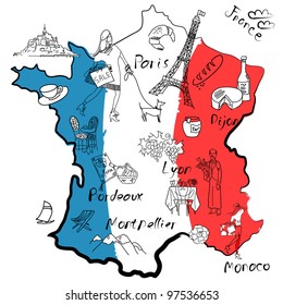 Stylized map of France. Things that different Regions in France are famous for.