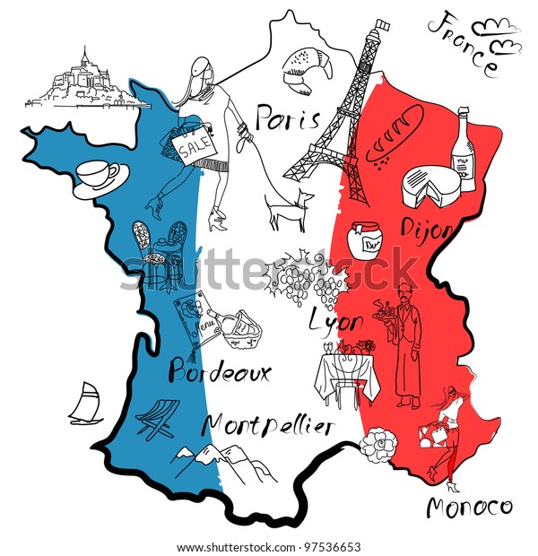 フランスの様式化された地図 フランスの異なる地域が有名なものです のベクター画像素材 ロイヤリティフリー