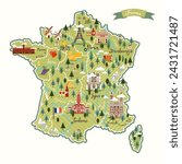 Stylized map of France. Vector illustration. French symbols, cheese, croissant, wine, bicycle, harmonic, mountains and other landmarks. Travel to France.