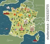 Stylized map of France. Vector illustration. French symbols, cheese, croissant, wine, bicycle, harmonic, mountains and other landmarks. Travel to France.