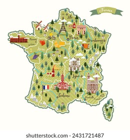 Stylized map of France. Vector illustration. French symbols, cheese, croissant, wine, bicycle, harmonic, mountains and other landmarks. Travel to France.