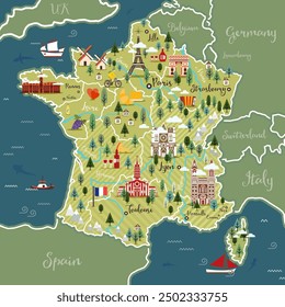 Mapa estilizado de Francia. Ilustración vectorial. Símbolos franceses, queso, croissant, vino, bicicleta, armónica, montañas y otros Lugares famosos. Viaje a Francia.