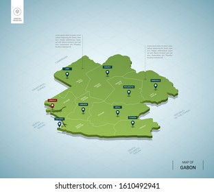 Stylized map of Gabon. Isometric 3D green map with cities, borders, capital Libreville, regions. Vector illustration. Editable layers clearly labeled. English language