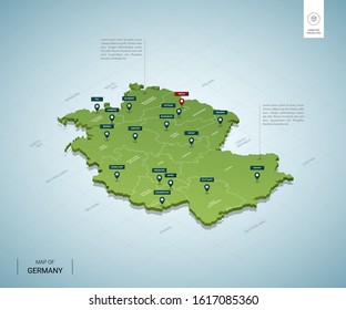 Mapa estilizado de Alemania. Mapa verde isométrico 3D con ciudades, fronteras, capital Berlín, regiones. Ilustración vectorial. Las capas editables están claramente etiquetadas. Inglés.
