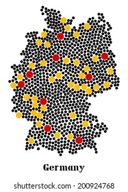Stylized map of Germany made from black, yellow and red dots. red and yellow color dots are the main and major cities in Deutschland. vector art image illustration, isolated on white background