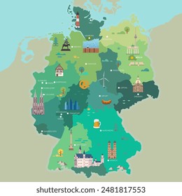 Stylized map of Germany. Travel illustration with German landmarks. 