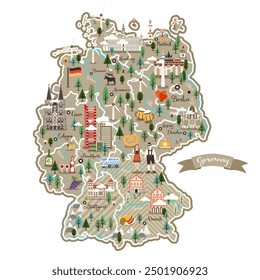 Stylized map of Germany. Vector illustration. German symbols, car, wine, pretzel, mountains and other landmarks. Travel to German. Man and woman in national costume.