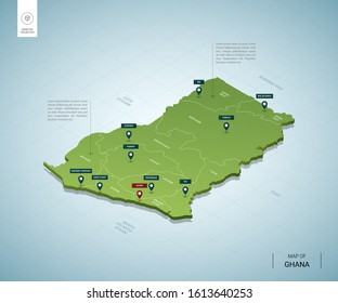 Stylized map of Ghana. Isometric 3D green map with cities, borders, capital Accra, regions. Vector illustration. Editable layers clearly labeled. English language.