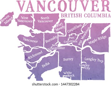 Stylized map of greater Vancouver, Canada, British Columbia. Decorative font for the municipalities. Watercolor texture in a pink to purple gradient. 