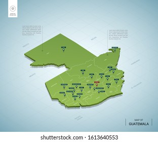 Stylized map of Guatemala. Isometric 3D green map with cities, borders, capital, regions. Vector illustration. Editable layers clearly labeled. English language.