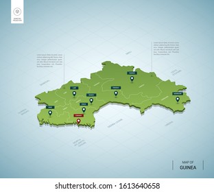 Stylized map of Guinea. Isometric 3D green map with cities, borders, capital Conakry, regions. Vector illustration. Editable layers clearly labeled. English language.