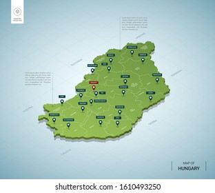 Stylized map of Hungary. Isometric 3D green map with cities, borders, capital Budapest, regions. Vector illustration. Editable layers clearly labeled. English language.